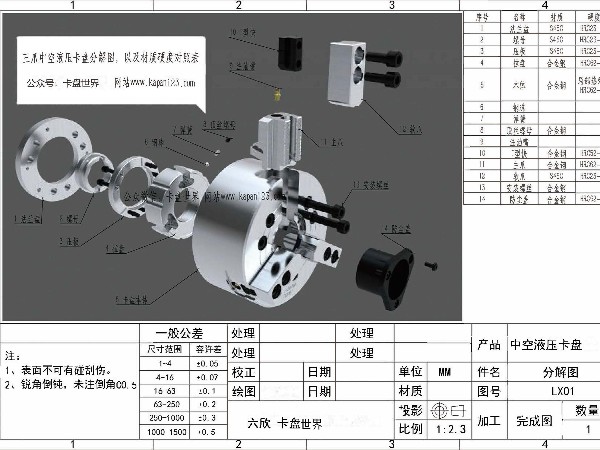 三爪中空液壓卡盤結(jié)構(gòu)分解圖以及材質(zhì)硬度對照表